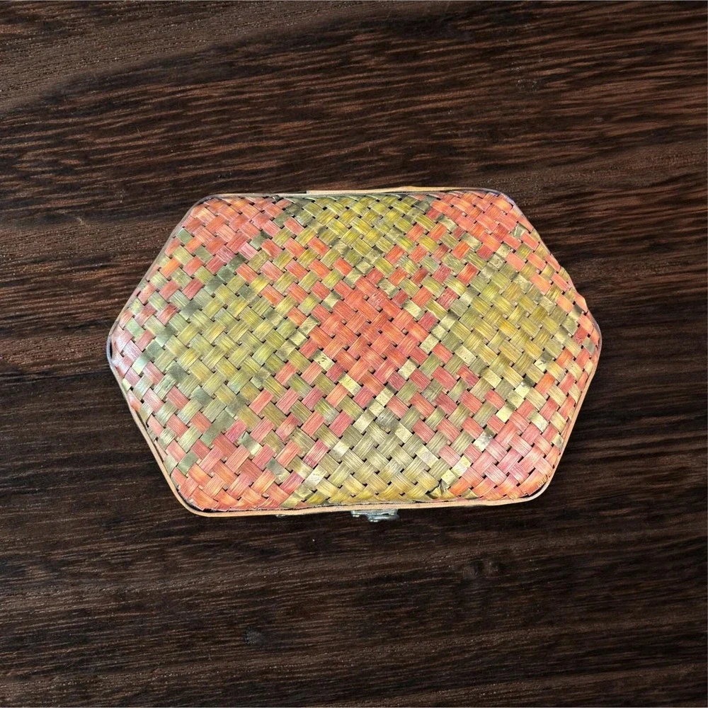Vintage Woven Weave Metal & Wood Trinket Chest Hinged Keepsake Box Decor 13
